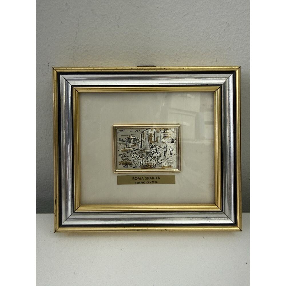 Vintage Roma Sparita Via Giulia Silver 925 Gold Leaf Italian Framed Art